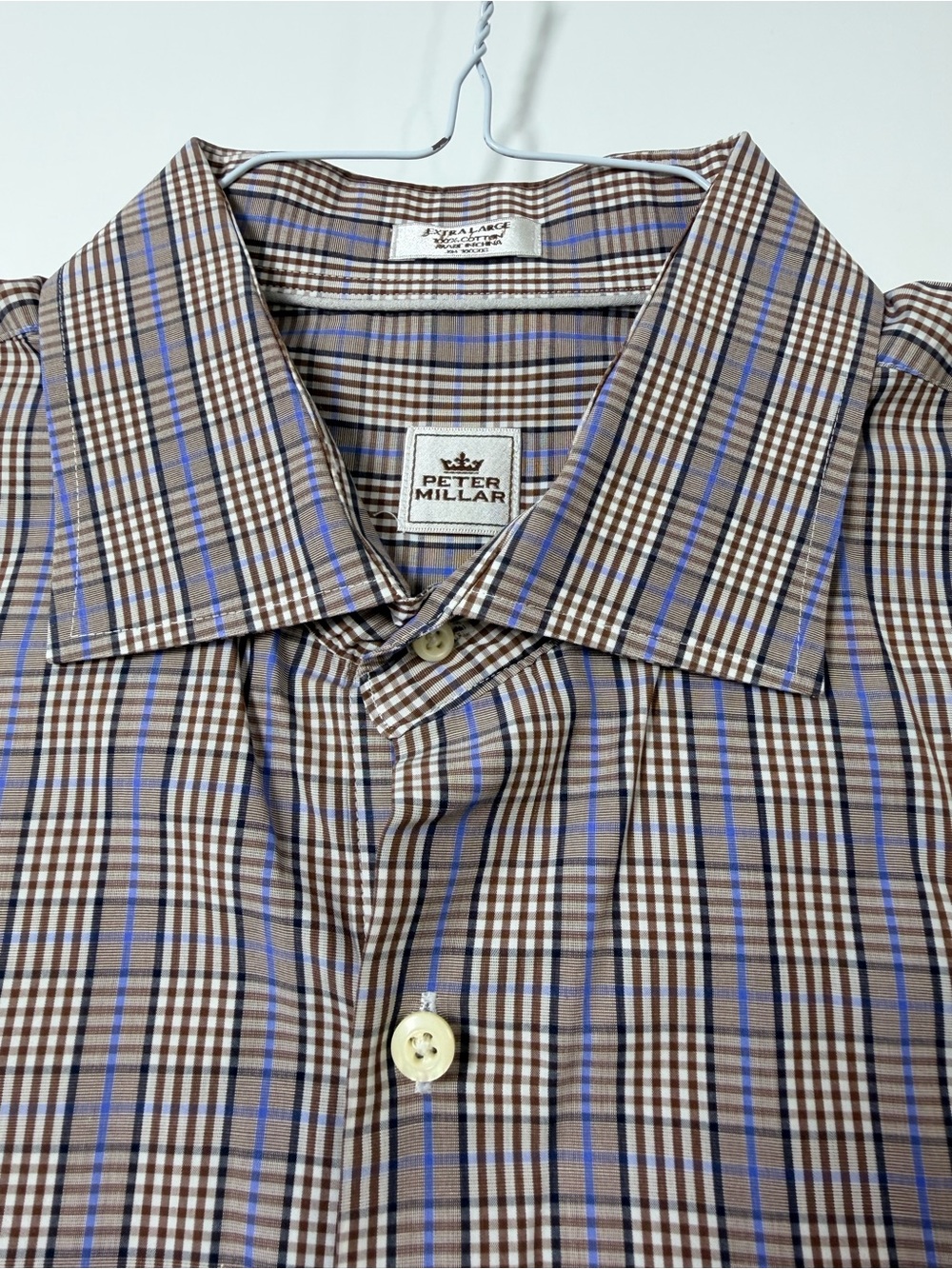 Peter Millar Brown Plaid Dress Shirt with Blue Accents